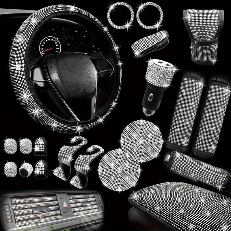 Car Accessories Set 30 Piece Women Bling Universal Steering Wheel Cover Shiny Air Outlet Coasters Tools Hook L Hand Brake Etc.