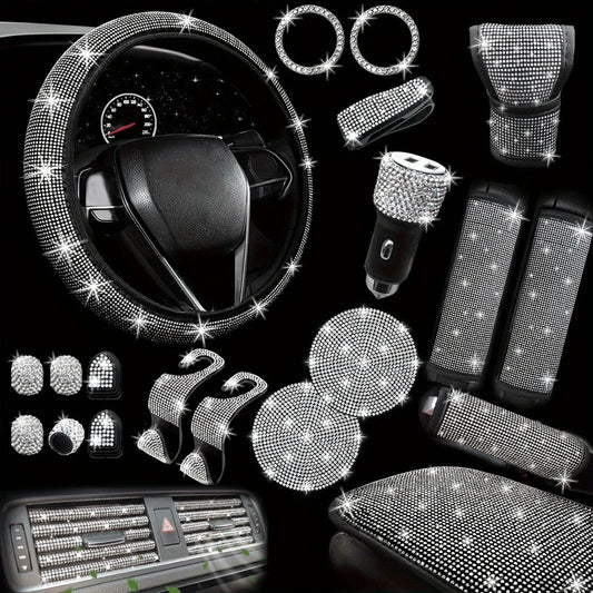 Car Accessories Set 30 Piece Women Bling Universal Steering Wheel Cover Shiny Air Outlet Coasters Tools Hook L Hand Brake Etc.