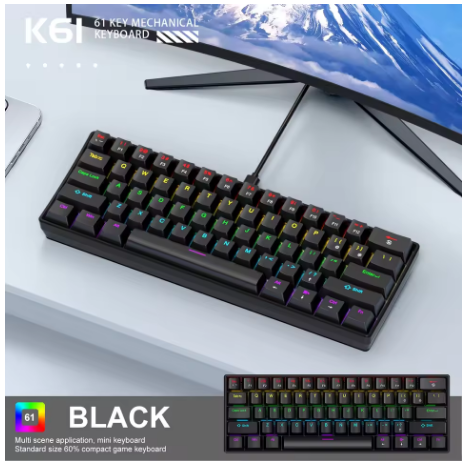 K61 Wired Mechanical Gaming Keyboard, 60% 61 Keys Mini RGB Backlit