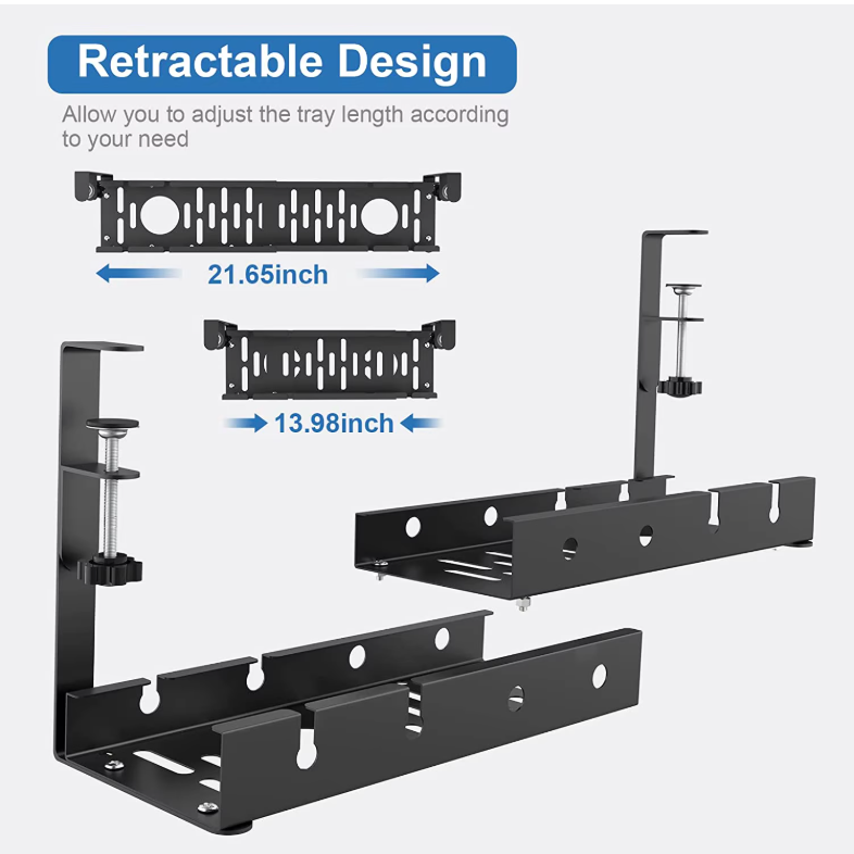 Under Desk Cable Management Tray No-Drill Extendable Metal Tray