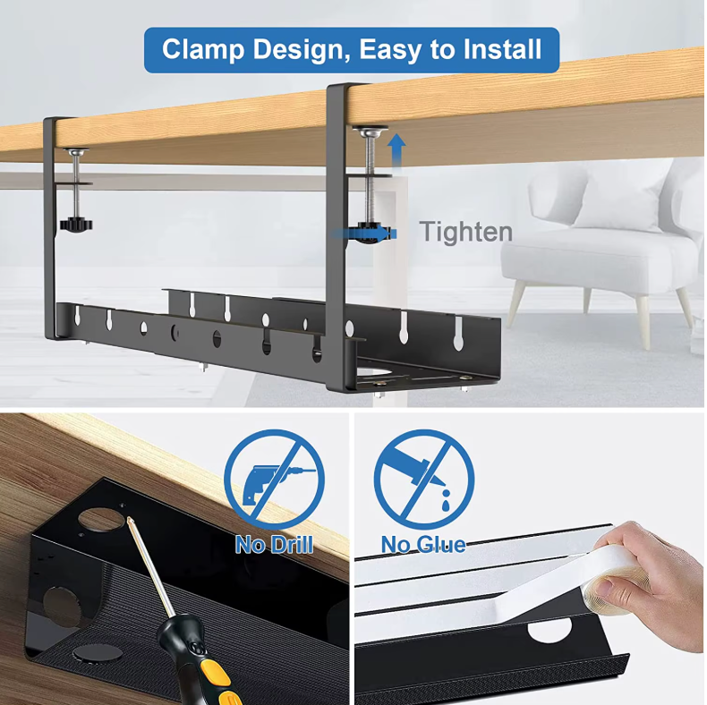 Under Desk Cable Management Tray No-Drill Extendable Metal Tray